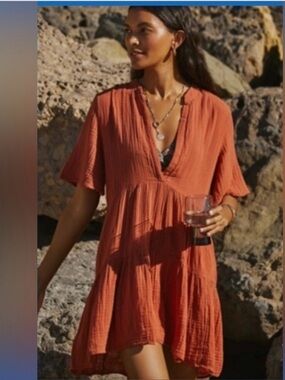 By Anthropologie Women's Orange Textured Gauze V-Neck Dress, Sz XXS